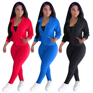 Survêtement de Sport pour Femme Texture Nid d'Abeille Col Montant Fermeture Éclair Haut Et Bas Leggings Taille Haute Yoga