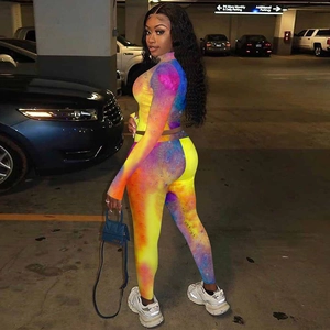 Detail of colorful tie-dye tracksuit set featuring long sleeve top and matching leggings