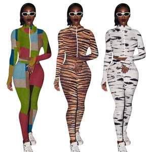 Women Fashion Printed Top And Bottom Polyester Slim Fit Stand Collar Zipper Long Sleeve Long Pants Casual Sporty Sets