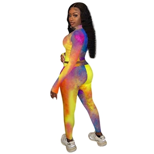 Women's 2-piece tie-dye tracksuit with slim fit zip-up top and high elastic sports pants
