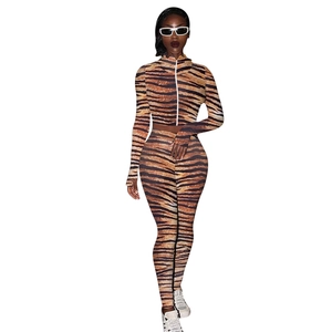 Detail view of tiger print two-piece set with front zipper and thumbhole cuffs