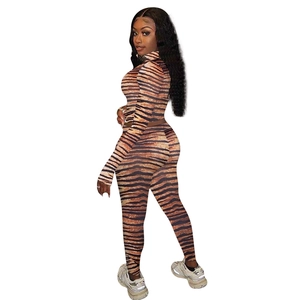 Detailed view of women's long sleeve bodysuit featuring realistic brown tiger animal print