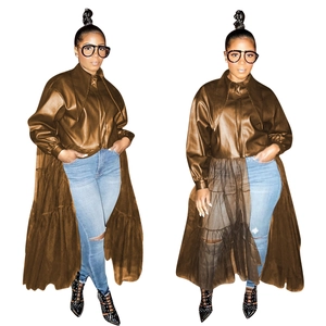Women's brown PU leather jacket with mesh splicing and long sleeves in streetwear style
