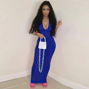 Halter deep V-neck royal blue maxi dress with hollow out knit mesh for party wear