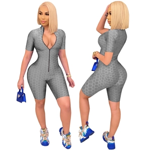 Gray textured short sleeve romper with front zipper and stand collar for women's sportswear