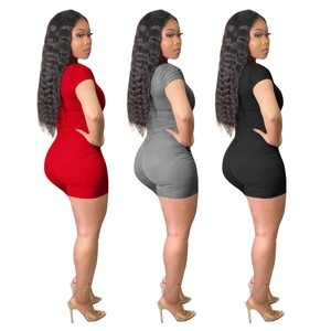 Women's two-piece ribbed knit short set with short sleeves in red, gray and black colors