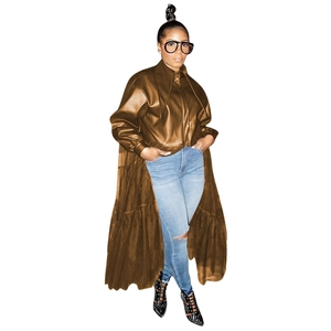 Brown PU leather jacket for women featuring asymmetrical hem and mesh patchwork detail