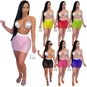 Women Sexy Sequin Halter Bikini Top And Rhinestone Mesh Mini Skirt Top And Bottom For Beach Club Party Wear