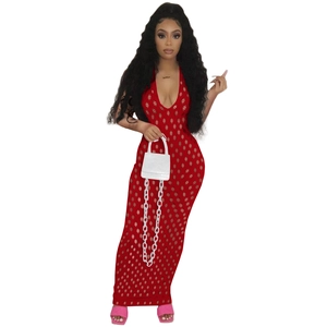 Red cutout halter maxi dress with deep V-neck and diamond mesh pattern for women