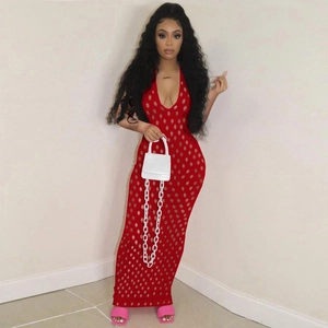 Slim fit red hollow out sleeveless maxi dress with mesh cut-outs and deep V-neck style