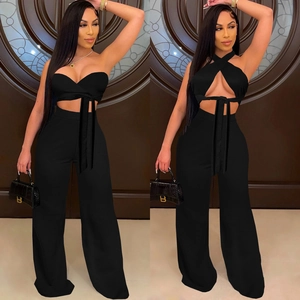 Women's black halter neck backless top and wide-leg trousers two-piece elegant set
