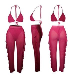 Detailed view of rose pink halter bikini top and ruffled mesh pants set on white background