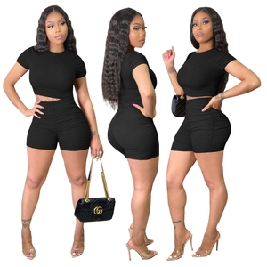 Women's 2-piece rib-knit set with ruched short sleeve crop top and high waist shorts