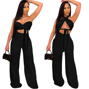 Elegant Solid Color Halter Backless Crop Top And High Waist Wide Leg Pants Suit For Women Sexy Party Outfits Casual Wear