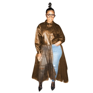 Brown PU leather top featuring mesh stitching detail and long sleeves for women