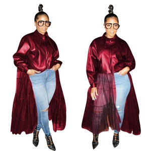 Women's burgundy PU leather jacket with sheer mesh patchwork hem and long sleeves