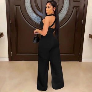 Women's black halter neck backless top and wide-leg trousers two-piece casual set