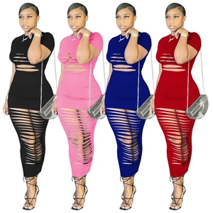 Robe Maxi Moulante Sexy pour Femmes Ajourée Manches Courtes Col Rond Déchirée Couleur Unie Robe Longue de Soirée en Boîte