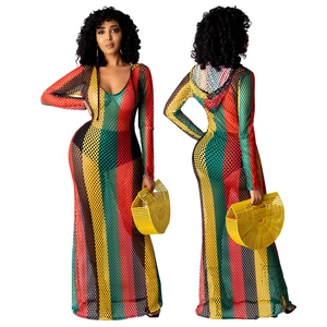 Robe Cache-Maillot de Plage Rayée en Maille au Crochet pour Femme Sexy Robe Longue à Capuche et Manches Longues pour Plage