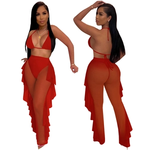 Women Halter Neck Bikini Top And Bottom With Sheer Mesh Long Pants Side Ruffles Sexy Beachwear Vacation Party Outfit Stylish Clothing
