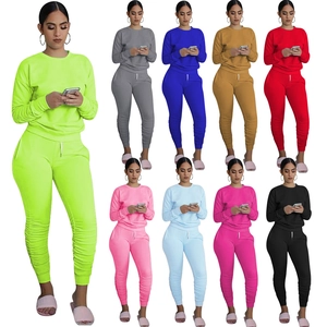 Tuta Casual da Donna Top E Pantaloni a Maniche Lunghe Girocollo Felpa Pantaloni Sportivi Arricciati Outfit da Lounge Sportivo