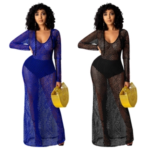 Abito Lungo da Donna Sexy in Rete Con Cappuccio Manica Lunga Trasparente a Rete per Nightclub e Spiaggia