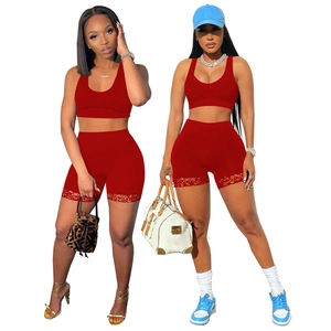 Women Lace Patchwork Backless Sports Vest And Shorts Set Casual Solid Color U-Neck Sleeveless Slim Fit Activewear Top And Bottom