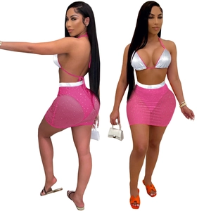 Women's sexy silver sequin bikini top and pink rhinestone mesh skirt two-piece set