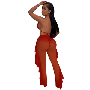 Detail of red mesh sheer trousers and bikini top set with side ruffle accents