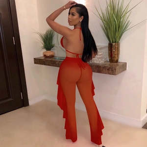 Detail of red two-piece mesh set featuring halter top and tiered ruffle sheer pants
