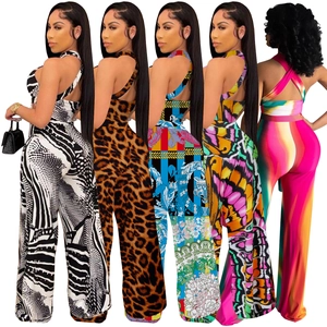 Damen Jumpsuit Set rückenfrei mit Neckholder und weitem Bein in fünf Print-Styles