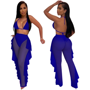 Royal blue two-piece swimsuit set with high-waisted mesh pants and layered ruffles