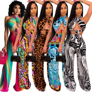 Damen Neckholder Rückenfrei Sexy Bedrucktes Crop Top Und Hohe Taille Weites Bein Hosen Outfits Leopard Zebra Barock Muster Mode Anzüge