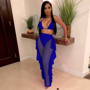 Royal blue mesh two-piece set featuring bikini top and high-waist ruffled sheer trousers