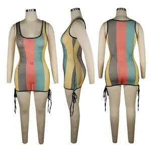 Detailed views of multi-color hollow out mesh beach mini dress with side drawstrings