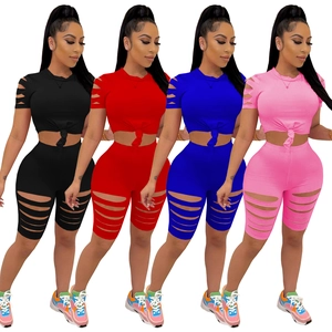 Damen Sexy Einfarbig Ausschnitt Zweiteiler Oberteil Und Unterteil Sommer Kurzarm Twist-Knoten Crop Top Und Biker-Shorts Patchwork Clubwear