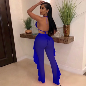Detail view of blue sheer mesh wide leg trousers with stylish ruffle trim and high waist