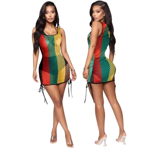 Detail of colorful hollow out mesh beach cover-up with adjustable side drawstrings