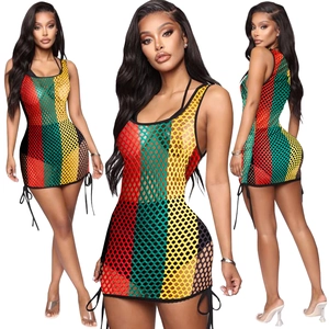 Women Sexy Multicolor Striped Hollow Out Fishnet Beach Cover Up Dress Sleeveless Side Drawstring Mesh Mini Clubwear Dress