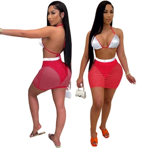 Women's sexy silver sequin halter top and red mesh skirt two-piece set for summer