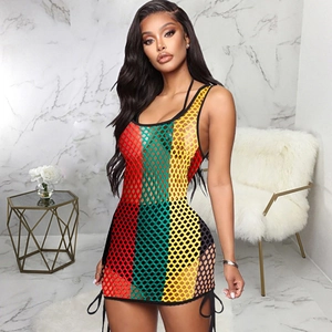 Detail of color-block hollow mesh beach dress featuring side drawstring and fishnet texture