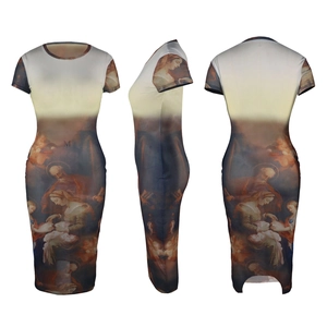 Detailed macro view of the classical oil painting print on sheer mesh bodycon dress