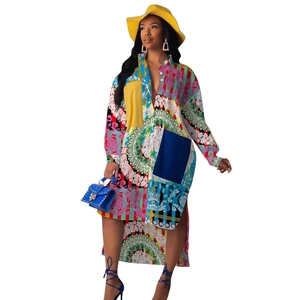 Abito a Camicia da Donna con Stampa Barocca Patchwork Manica Lunga Monopetto Spacco Alto Sexy Party Nightclub Maxi Abito