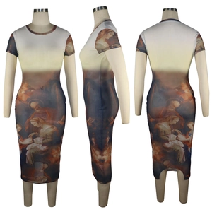 Three-view display of mesh bodycon dress with Renaissance oil painting print