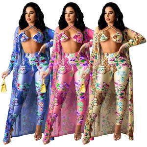Damen Tiger Blumenmuster Halter Bikini Oberteil Hohe Taille Lange Hose Und Netz Strickjacke Cover Up Exotisches Satin Outfit