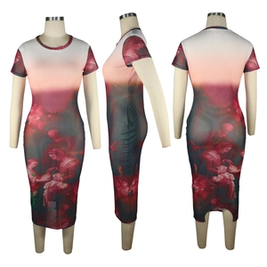 Three-angle view of mesh bodycon dress featuring artistic renaissance oil painting print