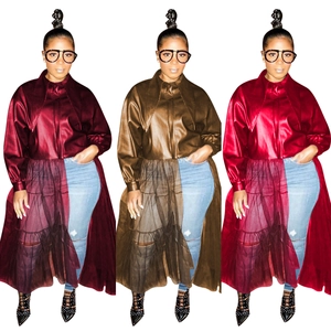 Women PU Leather Patchwork Mesh Jacket Long Sleeve Lapel Zipper Solid Color Streetwear Edgy Fashion Long Coat For Women