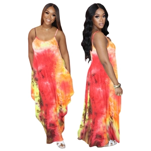 Damen Tie-Dye Maxikleid mit Spaghettiträgern und buntem, abstraktem Druckmuster