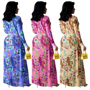 DREITEILIGES MAXIKLEID MIT TIGER- UND BLUMENPRINT IN BLAU, ROSA UND BEIGE FÜR DAMEN