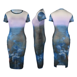 Detailed front, side and back view of mesh dress with oil painting religious print